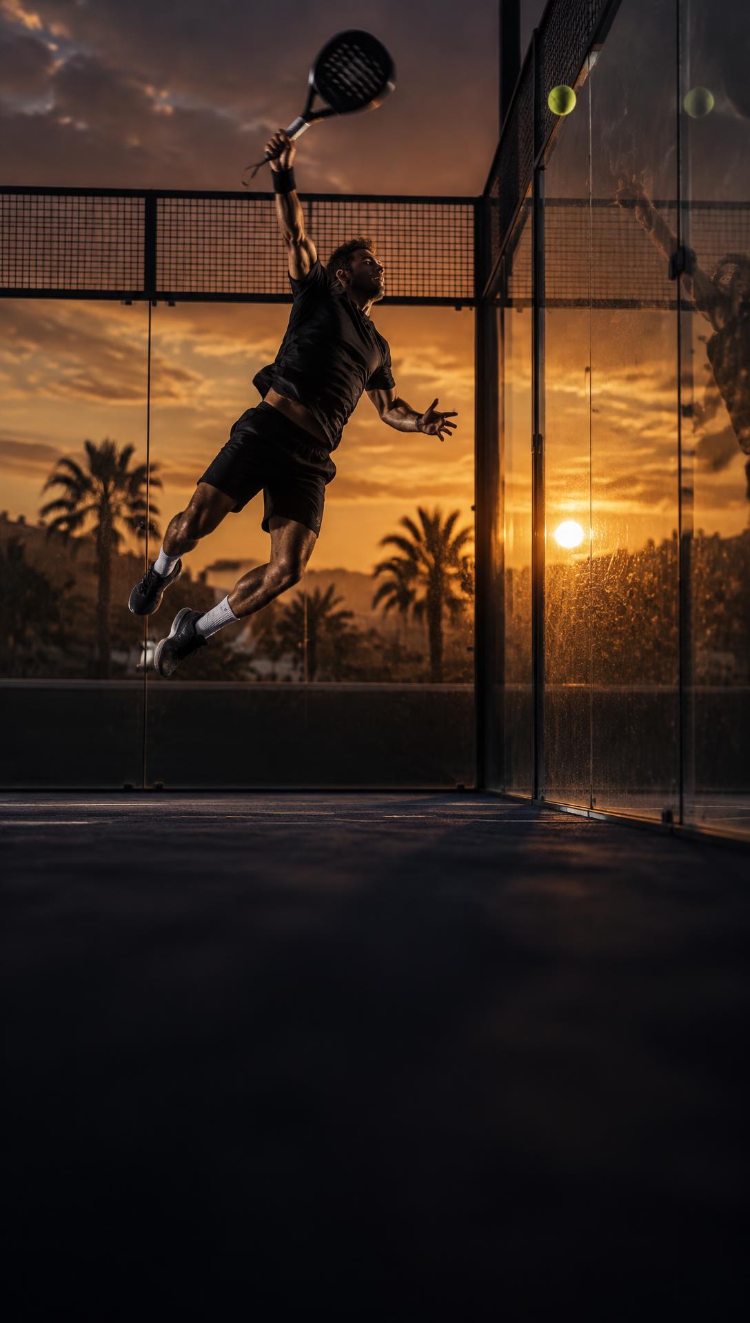 Padel player smashing the ball at sunset on a glass court